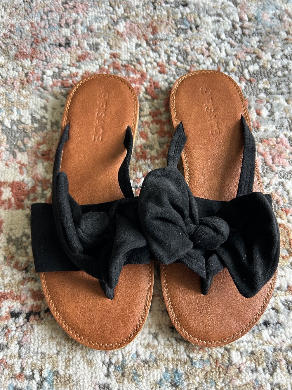 Women's Black Bow Slide Sandals with Tan Footbed